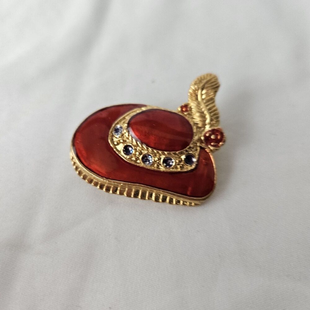 Vintage Rhinestone Red Hat With Feather Brooch‎